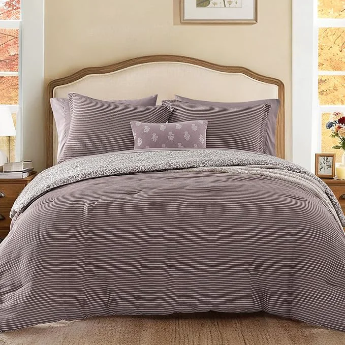 Consistent King Comforter Set - 7 Pieces Deep Purple Gauze Muslin Bedding Sets for All Seasons Lightweight Breathable Bed in a Bag King with Revesible Farmhouse Comforter Sheets Pillowcases amp Shams Powerful