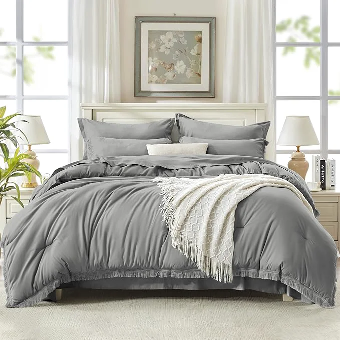 Original Design Andency Full Size Comforter Set Medium Grey -7 Pieces Boho Tassel Bed in a Bag Soft Lightweight Bedding Sets Fringe All Season Bed Set with Comforter Sheets Pillowcases amp Shams Convenient