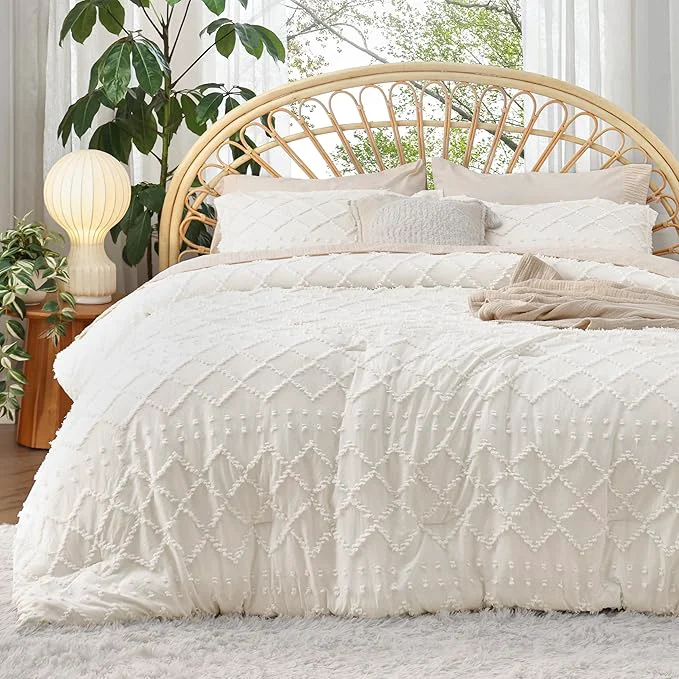 Advanced Bedsure Oversized Queen Comforter Set - Ivory Comforter Boho Tufted Shabby Chic Bedding 3 Pieces Vintage Farmhouse Bed Set for All Seasons Fluffy Soft Bedding with 2 Pillow Shams Dependable
