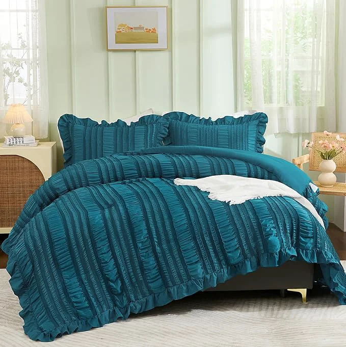 Classic WONGS BEDDING Teal Comforter Set King 3 Pieces Ruffle Farmhouse Shabby Chic Comforter for King Bed Soft Textured Boho Bedding Set with 1 Ruffle Comforter 2 Tufted Pillowcases 104 quot ×90 quot Genuine