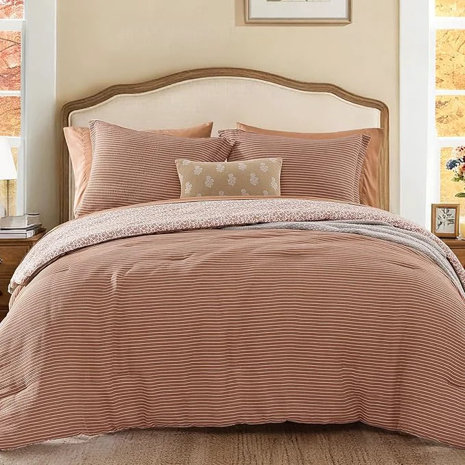 Trendy Full Comforter Set - 7 Pieces Autumn Leaf Gauze Muslin Bedding Sets for All Seasons Lightweight Breathable Bed in a Bag Full with Revesible Farmhouse Comforter Sheets Pillowcases amp Shams Official
