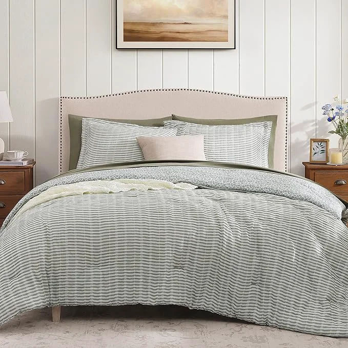 Practical Queen Comforter Set - 7 Pieces Green Gauze Muslin Bedding Sets for All Seasons Lightweight Breathable Bed in a Bag Queen with Revesible Farmhouse Comforter Sheets Pillowcases amp Shams Modern