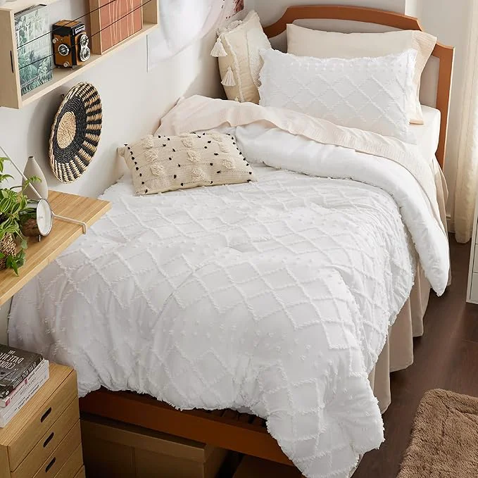 Pure Bedsure Twin Comforter Set - White Boho Twin Comforter Shabby Chic Dorm Bedding Set for Kids 2 Pieces Modern Farmhouse Bed Set Includes 1 Pillow Sham Expertly Made