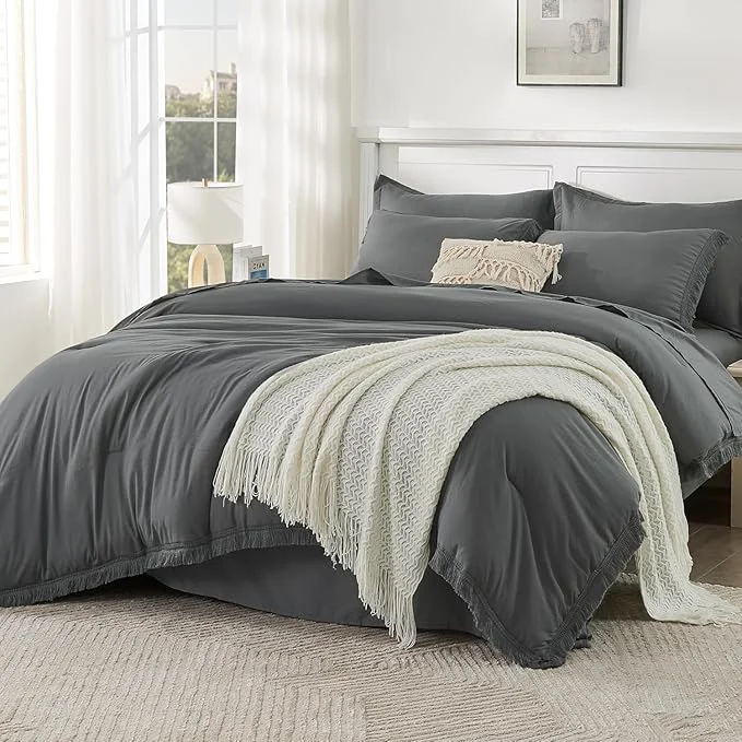 Sophisticated Andency Oversized King Comforter Set with Sheets 128x120 Dark Grey - 7 Pieces Bed in a Bag Boho Soft Lightweight Bedding Sets Tassel Bed Set with Comforter Sheets Pillowcases amp Shams Breathable