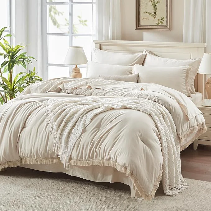 Certified Andency Beige California King Size Comforter Set with Sheets - 7 Pieces Boho Tassel Bed in a Bag Soft Lightweight Bedding Sets Fringe Bed Set with Comforter Sheets Pillowcases amp Shams Crafted