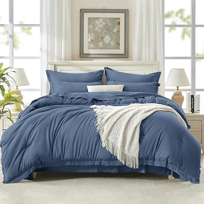 Safe Andency Full Size Comforter Set Bluish Grey -7 Pieces Boho Tassel Bed in a Bag Soft Lightweight Bedding Sets Fringe All Season Bed Set with Comforter Sheets Pillowcases amp Shams Consistent