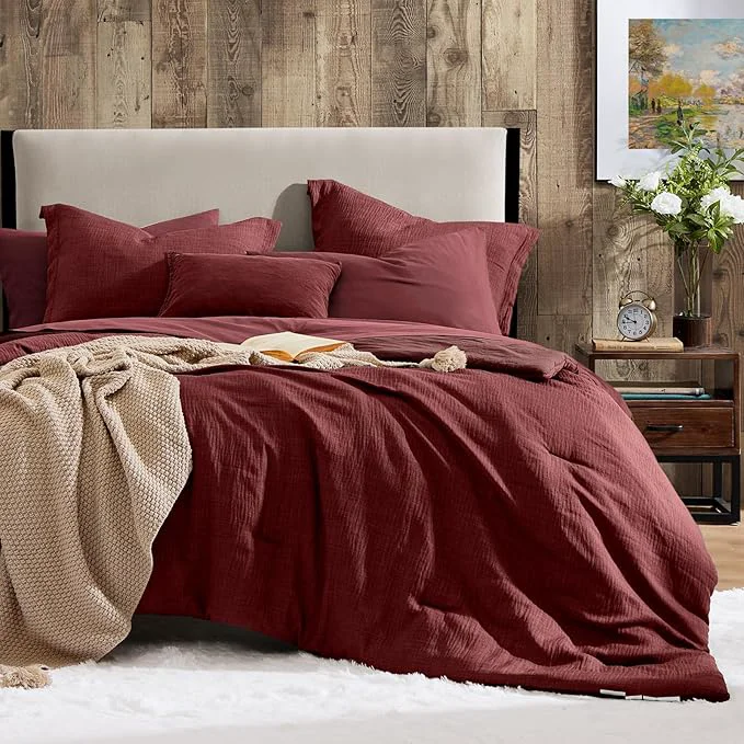 Elite Geniospin Full Comforter Set - 7 Pieces Comforter Full Size Solid Bedding Set for All Season Dark Red Textured Bed in a Bag with Sheets Durable