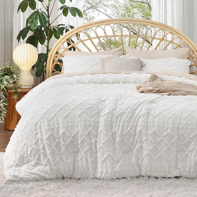 Practical Bedsure Queen Comforter Set - White Comforter Boho Tufted Shabby Chic Bedding Comforter Set for Kids 3 Pieces Vintage Farmhouse Bed Set for All Seasons Fluffy Soft Bedding Set with 2 Pillow Shams High-Grade