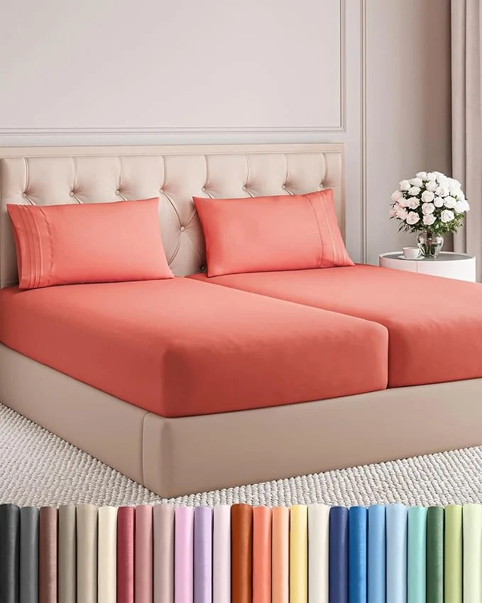 Convenient Split King Size 5 Piece Sheet Set - Comfy Breathable amp Cooling Bed Sheets Set - Hotel Luxury Bedding for Women Men Kids Teens Boys amp Girls - Deep Pockets Soft and Wrinkle - Oeko-Tex - Coral World-Class