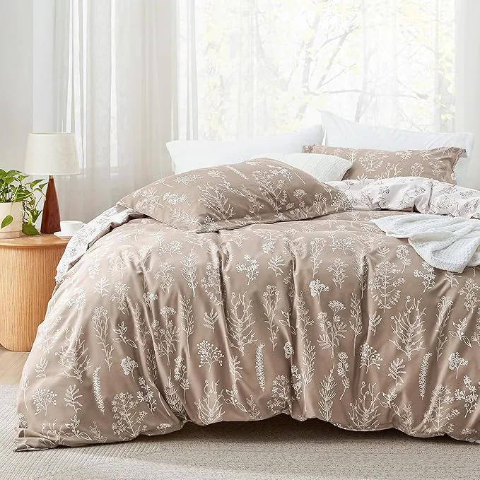 User-Friendly Bedsure California King Comforter Set - Light Taupe Bed Set 3 Pieces Cute Floral Bedding 1 Soft Reversible Botanical Flowers Comforter and 2 Pillow Shams Safe