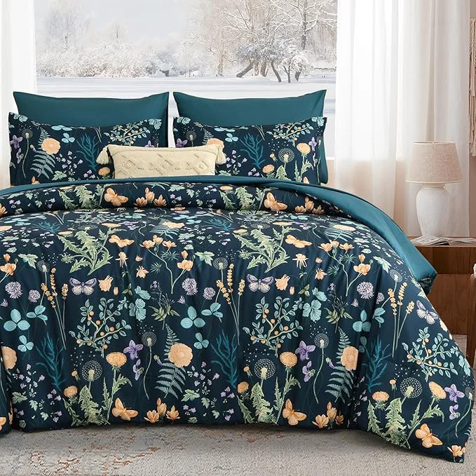 Practical Yiran Comforter Set Queen Size 7 Piece Peacock Blue Floral Comforters Lightweight Bedding Set Bed in a Bag Soft Microfiber Complete Botanical Beds Sets with Sheets for All Season Winter Spring Quality
