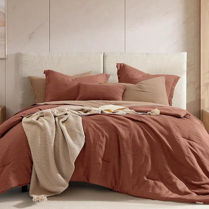 Functional Geniospin King Size Comforter Set- 7 Pieces Terracotta Textured King Bedding Set Soft Solid Bed in a Bag for All Seasons Fall Comforter Set with Sheets World-Class