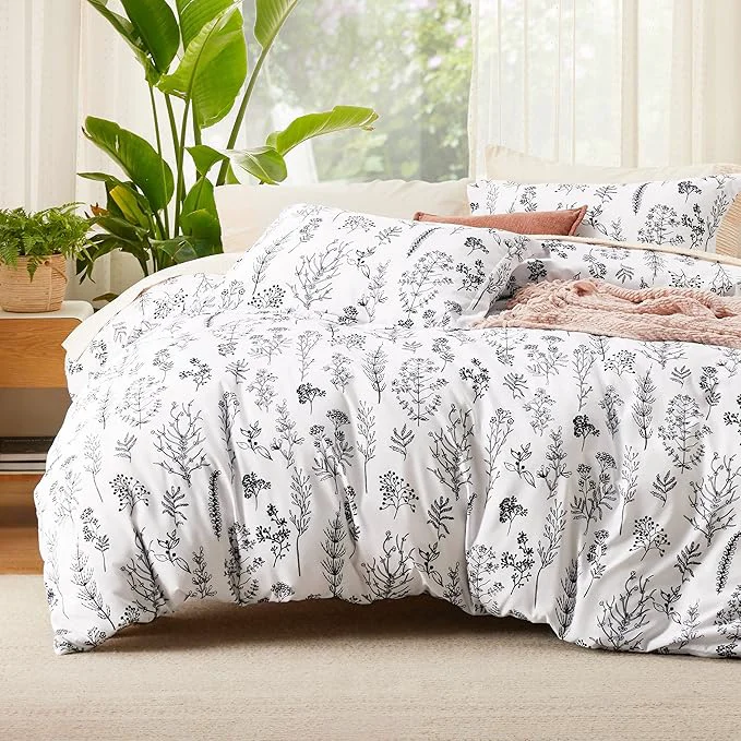 Sophisticated Bedsure Queen Comforter Set - Bright White Bed Set 3 Pieces Cute Floral Bedding 1 Soft Reversible Botanical Flowers Comforter and 2 Pillow Shams Casual