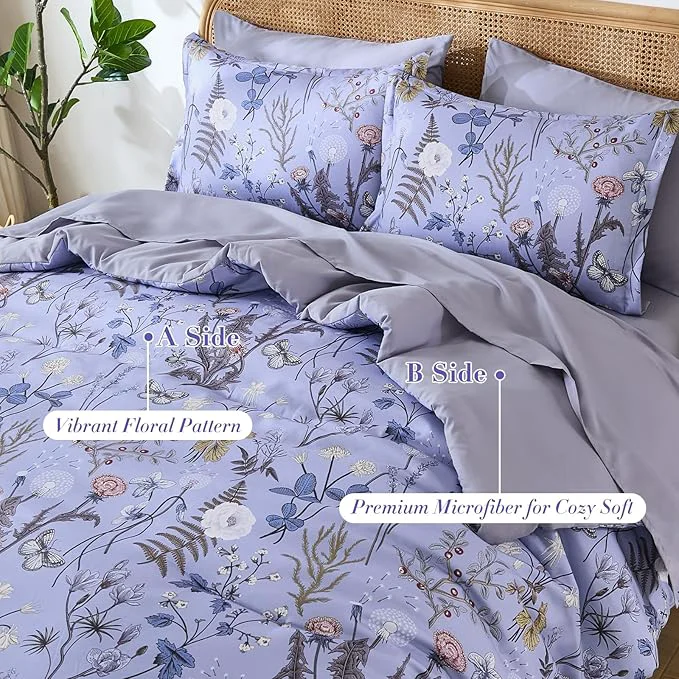 Next-Generation Yiran Queen Comforter Set 7 Piece Purple Floral Bedding Set Bed in a Bag Queen Size with Botanical Flowers Spring Soft Lightweight Lavender Comforters with Sheets Complete for All Season Breathable