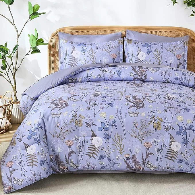 High-End Yiran King Size Comforter Set 7 Piece Purple Floral Bedding Set Lightweight Bed in a Bag King with Botanical Flowers Spring Soft Warm Lavender Comforters with Sheets Complete for All Season Contemporary