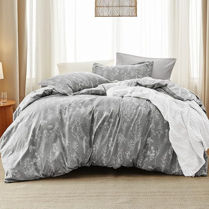 Secure Bedsure Full Comforter Set - Grey Bed Set 3 Pieces Cute Floral Bedding 1 Soft Reversible Botanical Flowers Comforter and 2 Pillow Shams Lightweight