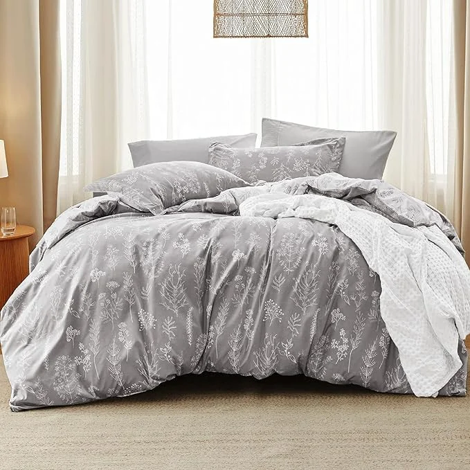 Elite Bedsure Oversized Queen Comforter Set - Grey Bed Set 3 Pieces Cute Floral Bedding 1 Soft Reversible Botanical Flowers Comforter and 2 Pillow Shams Expertly Made
