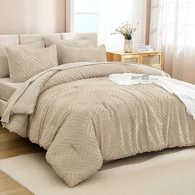 Enhanced Andency Khaki Super King Size Comforter Set with Sheets - 7 Pieces Bed in a Bag Boho Tufted Bedding Sets Fluffy Lightweight Super King Bed Set with Comforter Sheets Pillowcases amp Shams Exceptional