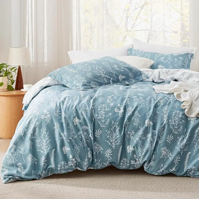 Recyclable Bedsure Oversized Queen Comforter Set - Mineral Blue Bed Set 3 Pieces Cute Floral Bedding 1 Soft Reversible Botanical Flowers Comforter and 2 Pillow Shams Natural