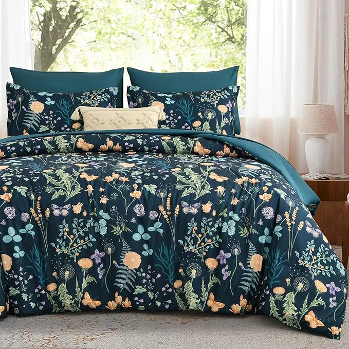 Fine Crafted Yiran Blue Twin Comforter Set with Sheets 6 Piece Floral Bed in a Bag with Botanical Flowers Patterns Botanical Bedding Set Soft Microfiber Complete Bedding Set with Sheets for All Season Recyclable