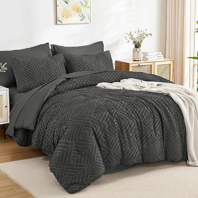 Prestigious Andency Queen Comforter Set 7 Piece Dark Grey - Bed in a Bag Queen Boho Lightweight Fluffy Tufted Bedding Sets with Comforter Sheets Pillowcases amp Shams Original Design