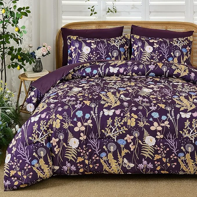Casual Yiran Purple Floral Comforter Set King Size 7 Piece Botanical Comforter Bedding Set Farmhouse Bed in a Bag Soft Microfiber Complete Bedding Set with Sheets for All Season Modern