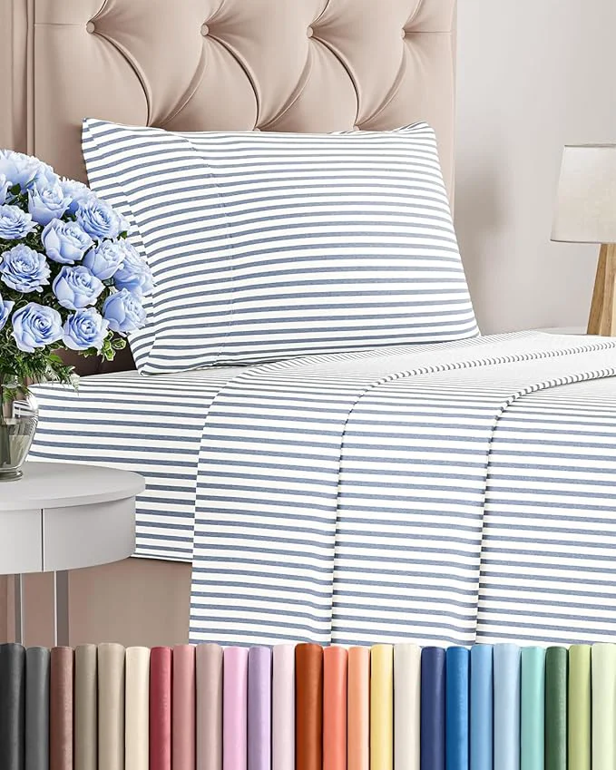 Lightweight Twin Size 3 Piece Sheet Set - Comfy Breathable amp Cooling Bed Sheets Set - Hotel Luxury Bedding for Women Men Kids Teens Boys amp Girls - Deep Pockets Soft Wrinkle - Oeko-Tex - Blue Stripes 2 Easy-to-Use