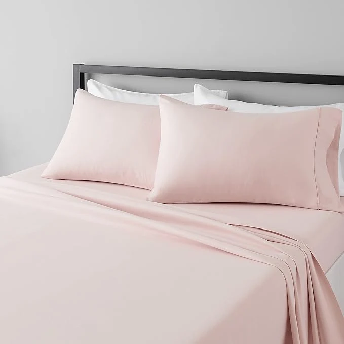 World-Class Amazon Basics Lightweight Super Soft Easy Care Breathable Wrinkle Resistant Machine Washable Microfiber 4-Piece Bed Sheet Set with 14-Inch Deep Pockets King Blush Pink All-Season Reusable