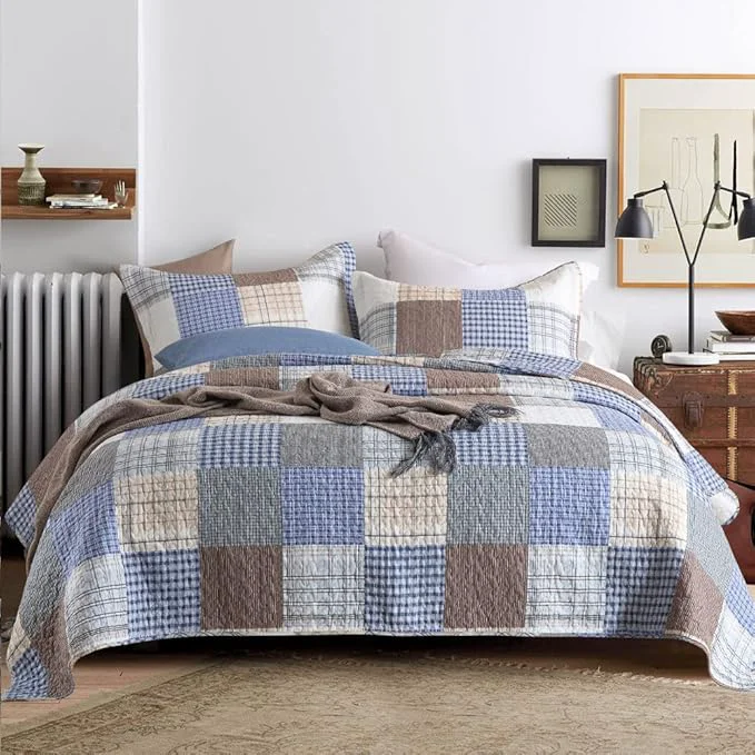 Eco-Friendly Secgo King Size Comforter Set- Cotton Quilt King Size Set Bule Plaid bedspreads 96 108 Inch with 2 Pillow Shams Patchwork Reversible Lightweight Bedding Original