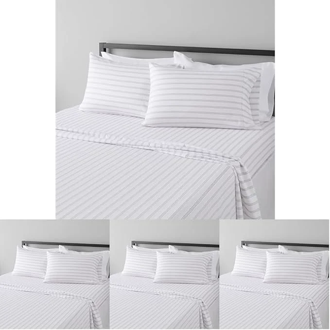Trendy Amazon Basics Lightweight Breathable Brushed Microfiber 4-Piece Bed Sheet Set Wrinkle Resistant with 14-Inch Deep Pockets Queen Taupe Stripe Pack of 4 High-Performance