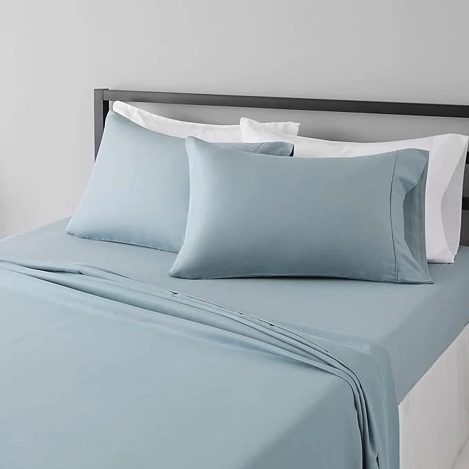 Detailed Amazon Basics Lightweight Breathable Super Soft Wrinkle- Easy Care Brushed Microfiber 4 Piece Bed Sheet Set with 14-Inch Deep Pockets Queen Spa Blue Solid Relaxed