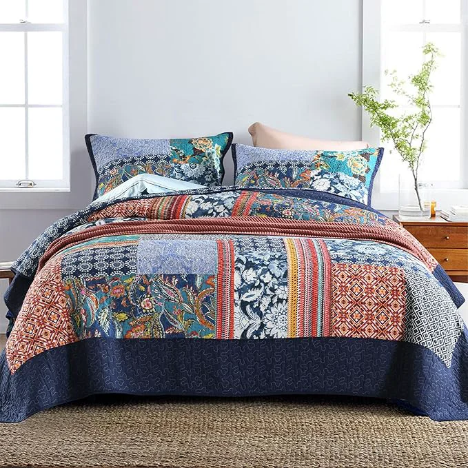 Flexible Secgo King Size Comforter Set- Cotton Quilt King Size Set Navy Bohemia bedspreads 96 108 Inch with 2 Pillow Shams Patchwork Reversible Lightweight Bedding Practical