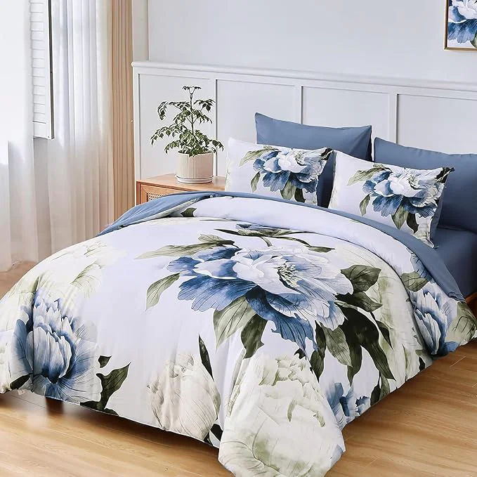 Casual Dobuyly Blue Queen Comforter Set 7 Piece Bed in a Bag Queen Blue Floral Print on Light Blue Comforter Set with Sheets Soft Microfiber Complete Bedding Set for All Season Pure