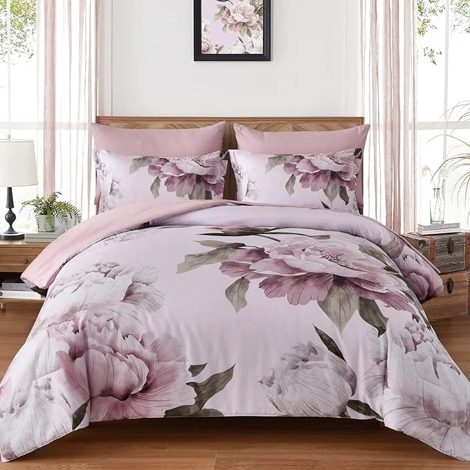Secure Dobuyly Pink Floral Comforter Set Queen 7 Piece Bed in a Bag Blush Flowers Printed on Light Pink Comforter Set with Sheets Soft Microfiber Botanical Bedding Set for All Season Official
