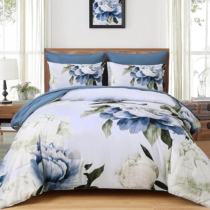 Verified Dobuyly Blue King Size Comforter Set 7 Piece Bed in a Bag King Blue Floral Printed on Light Blue Comforter Set with Sheets Soft Microfiber Botanical Complete Bedding Set for All Season Exclusive