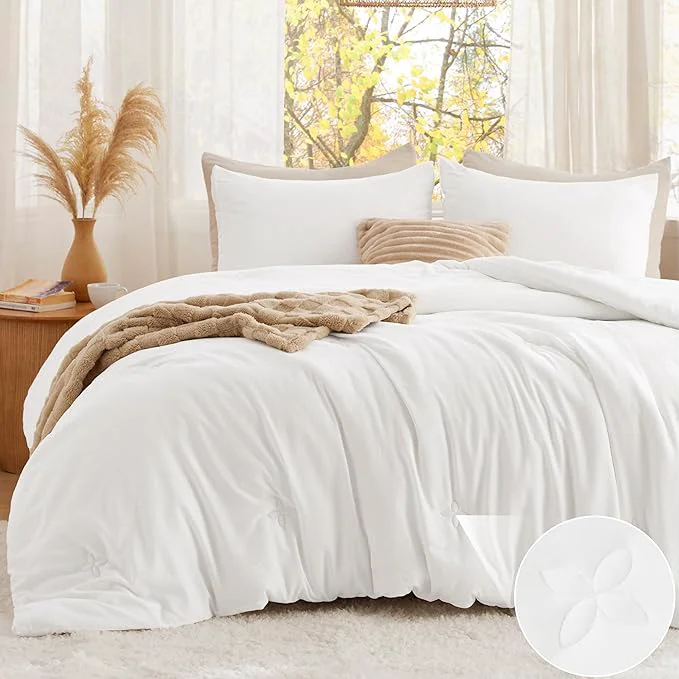 Versatile Bedsure Twin Comforter Set White Soft Prewashed Twin Size Bedding Quilted Comforter with Clover Design Down Comforter for All Seasons 2 Pieces Bed Set with 1 Pillow Sham Luxury