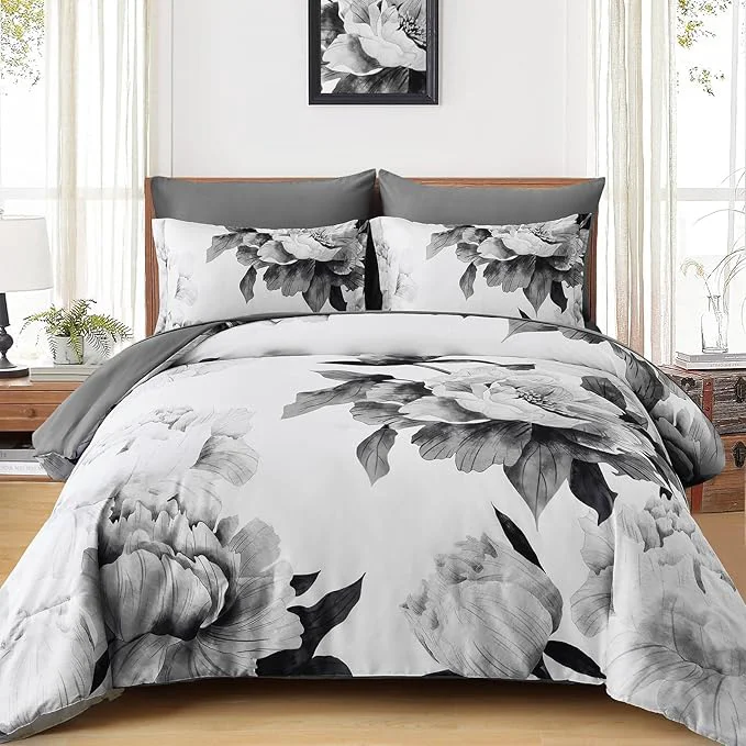 Easy-to-Use Dobuyly California King Comforter Set 7 Piece Bed in a Bag Grey Floral Printed on White Comforter Set with Sheets Soft Microfiber Botanical Cal King Bedding Set for All Season First-Class