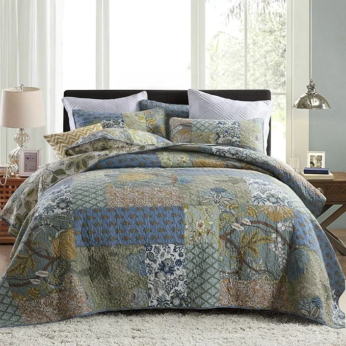 Long-Lasting Secgo Queen Comforter Set for Bed - Cotton Quilts Queen Size Green Sage Bedspreads 90 98 Inch with 2 Pillow Shams Patchwork Reversible Lightweight Bedding High-Quality
