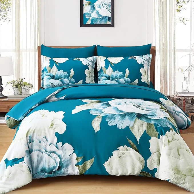 Specialty Dobuyly Teal Comforter Set Queen 7 Piece Bed in a Bag Teal Blue Floral Printed Comforter Set with Sheets Soft Microfiber Botanical Complete Bedding Set for All Season Top-Quality