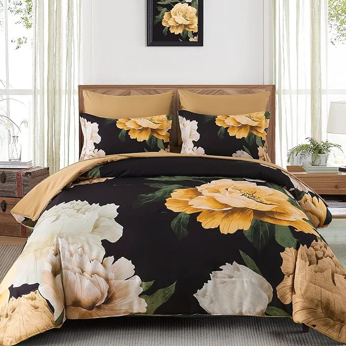 Refined Dobuyly Black Floral Comforter Set Queen 7 Piece Bed in a Bag Yellow Brown Flower Printed on Black Comforter Set with Sheets Soft Microfiber Botanical Boho Bedding Set for All Season Outstanding