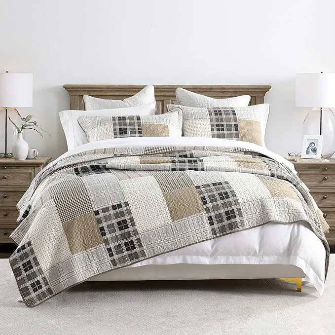 Safe PANGUSHAN Cotton Quilt Set Queen Size Queen Size Farmhouse Plaid Patchwork Reversible Rustic Quilt Bedding Set Quilted Bedspread Lightweight Comforter for Queen Bed 3pcs Gray Cream Beige Fast