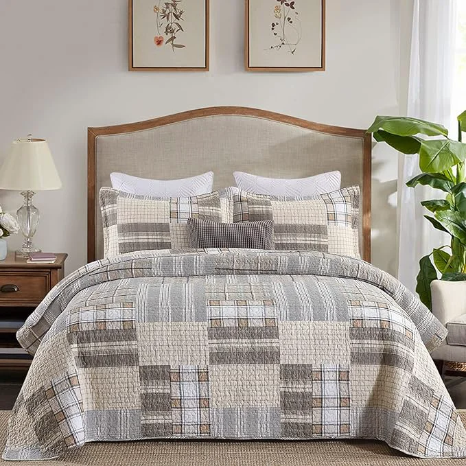 Premium PANGUSHAN Quilts Sets Queen Size Cotton Queen Quilted Bedspreads Bedding Set Patchwork Plaid Quilt for Queen Bed Tan Grey Farmhouse Rustic Bed Spread Reversible Lightweight Comforter 3-Piece Top-Quality