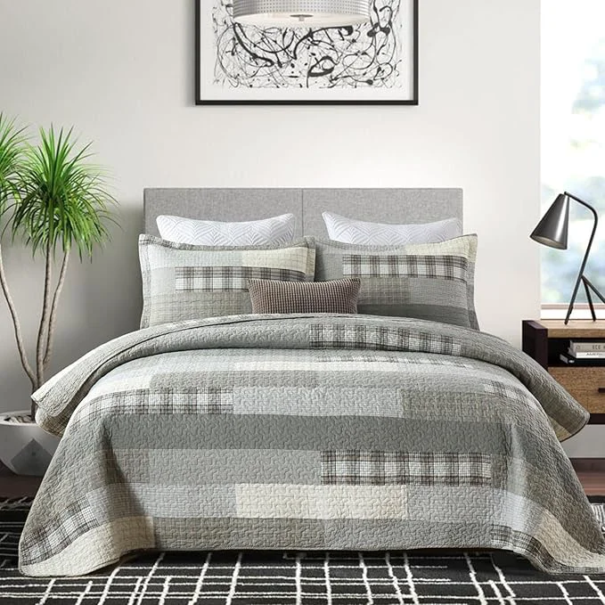 Powerful PANGUSHAN Quilt Set King Size Cotton Quilt Bedspread Bedding Set Grey Gray Cream Khaki Patchwork Plaid Farmhouse Rustic Reversible Lightweight Comforter Bed Cover King Bed All Season 3 Pieces Versatile