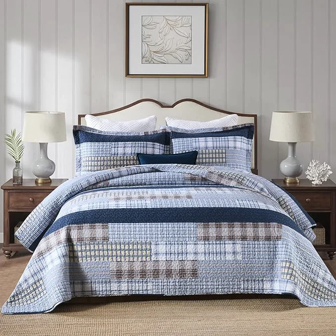 Durable PANGUSHAN Quilt Set King Size Cotton Quilt Bedding Set Bedspreads Patchwork Plaid Farmhouse Reversible Lightweight Comforter Bed Spread for King Bed Blue 3 Pieces Reusable