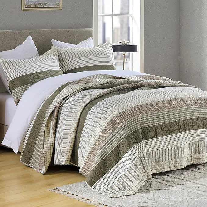 Proven PANGUSHAN Cotton Quilt Set King Size Patchwork King Quilt Bedding Set Bedspreads Farmhouse Lightweight Comforter Reversible Quilt King Bed Spread for All Season Green Brown Cream Reliable