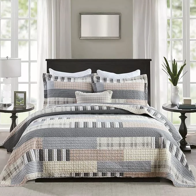 Contemporary PANGUSHAN Quilt Set King Size Cotton Quilt Bedding Set Bedspreads Patchwork Plaid Farmhouse Reversible Lightweight Comforter Bed Spread for King Bed Gray Brown 3 Pieces High-Performance