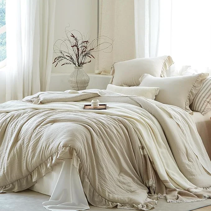Functional Beige Ruffle Comforter Set Queen Pre-Washed Shabby Chic Bedding Set Lightweight Cottagecore Soft Romantic Cozy 1 Comforter amp 2 Shams All-Season Advanced