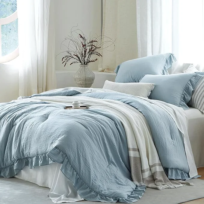Certified Blue Ruffle Comforter Set King Pre-Washed Shabby Chic Bedding Set Lightweight Cottagecore Soft Romantic Cozy 1 Comforter amp 2 Shams All-Season Safe