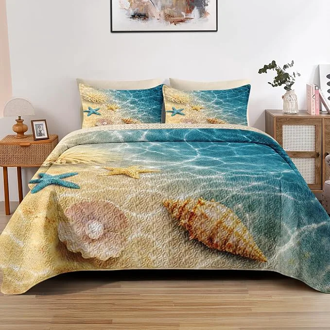 High-Quality Quilt Set Twin Size Summer Beach Seashell 2 Pcs Soft Bed Cover Bedding Set for Kids and Adults Blue Ocean Sea Shell Lightweight Bedspread Coverlet with Pillow Sham for All Season Eco-Friendly