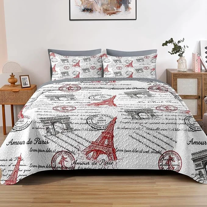 Trendy Quilt Set Full Queen Size Paris Vintage Eiffel Tower 3 Pcs Soft Bed Cover Bedding Set for Kids and Adults France Old Iron Lightweight Bedspread Coverlet with Pillow Sham for All Season Contemporary